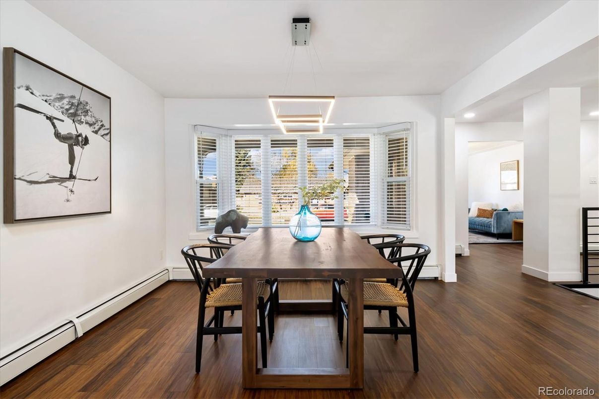 Dining room, Interior, Pendant Lights, Recessed Lighting, Wood Texture Flooring