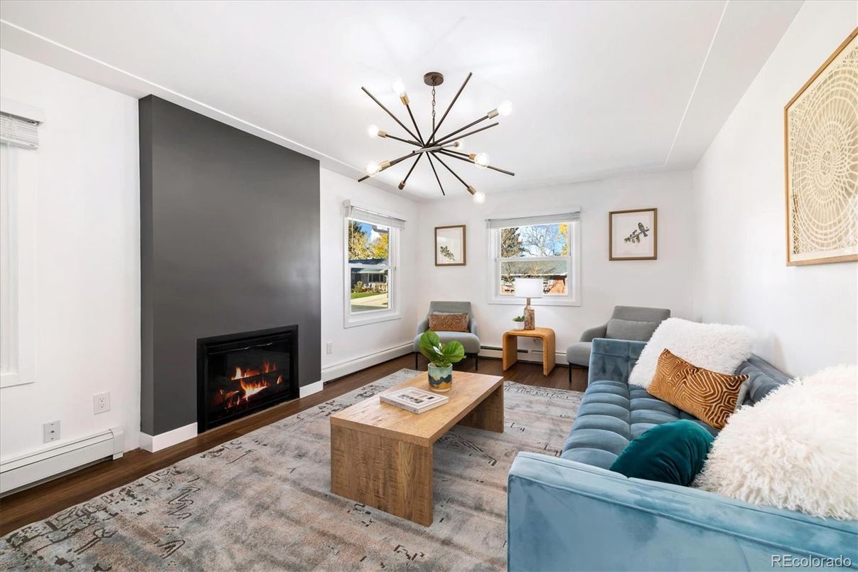 Fireplace, Interior, Living room, Pendant Lights, Wood Texture Flooring