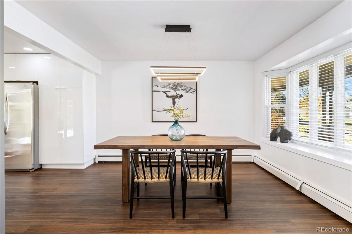 Dining room, Interior, Pendant Lights, Recessed Lighting, Wood Texture Flooring