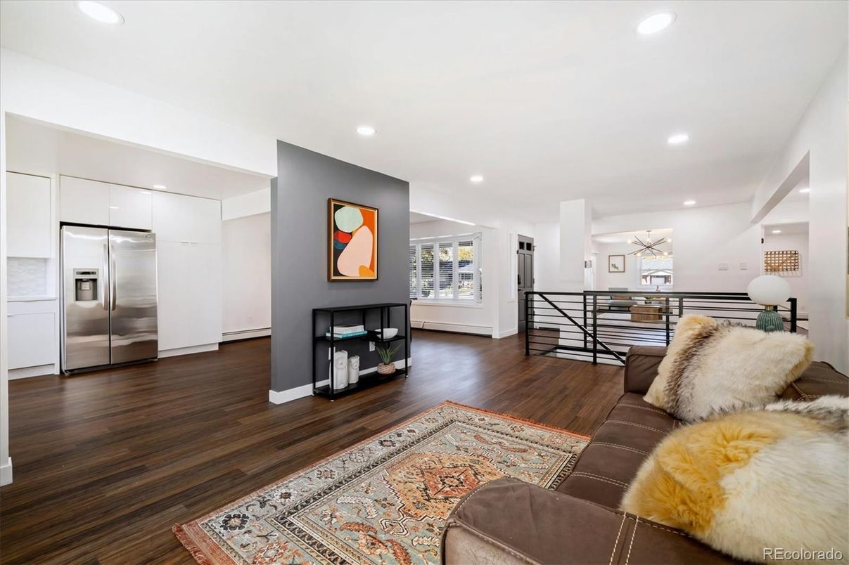 Interior, Kitchen, Living room, Recessed Lighting, Stainless Steel Appliances, Wood Texture Flooring