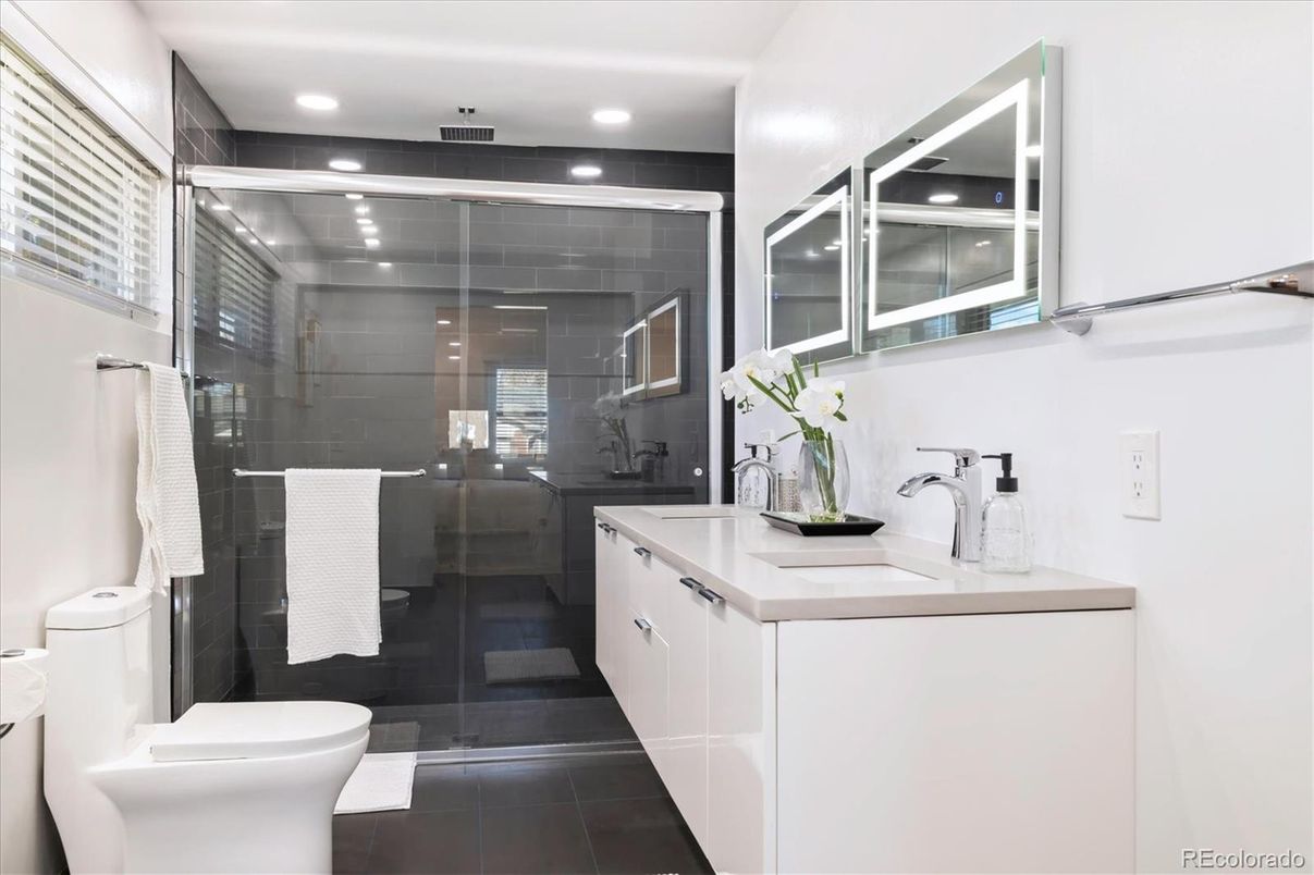 Bathroom, Dual Sink Vanities, Glass Shower, Interior, Recessed Lighting