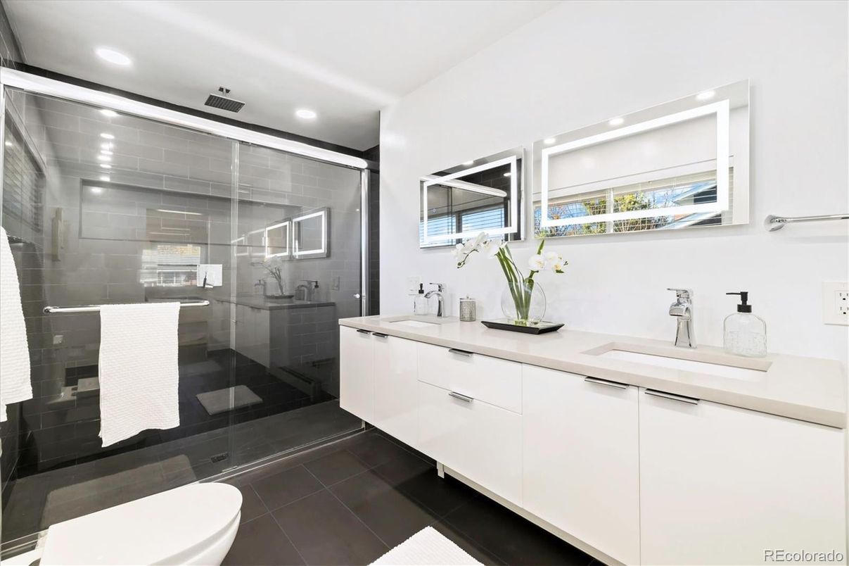 Bathroom, Dual Sink Vanities, Glass Shower, Interior, Recessed Lighting