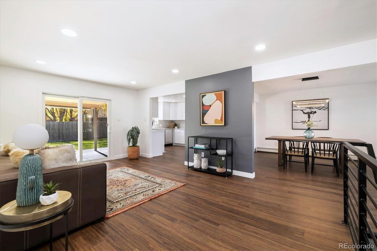 Dining room, Interior, Pendant Lights, Recessed Lighting, Wood Texture Flooring