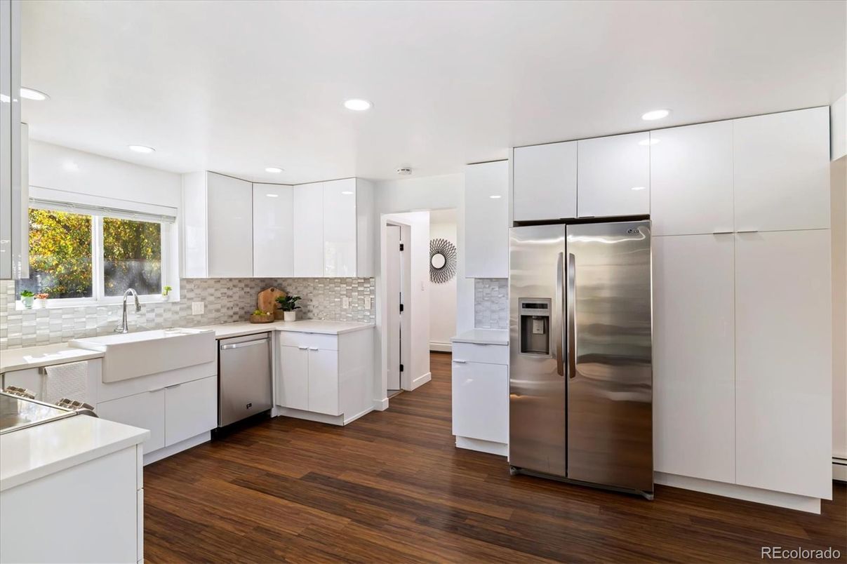 Interior, Kitchen, Recessed Lighting, Stainless Steel Appliances, Wood Texture Flooring