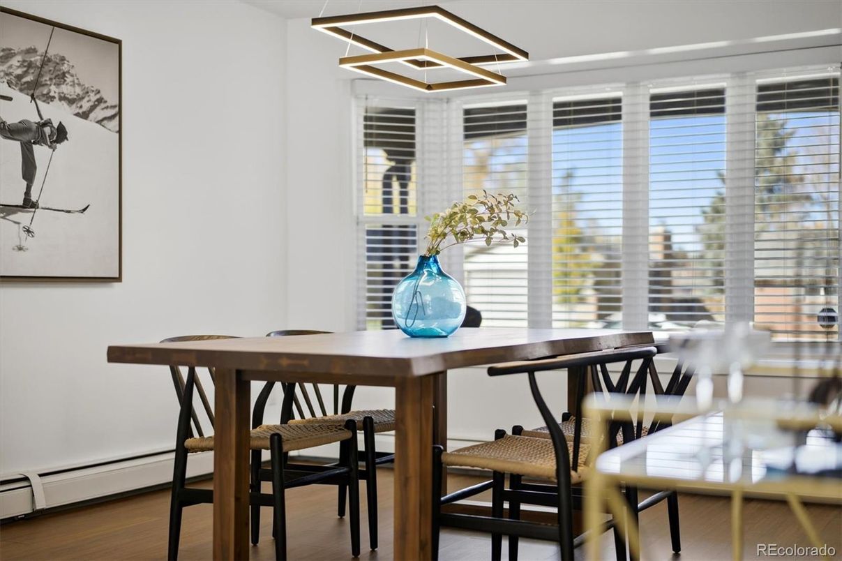 Dining room, Interior, Pendant Lights, Wood Texture Flooring