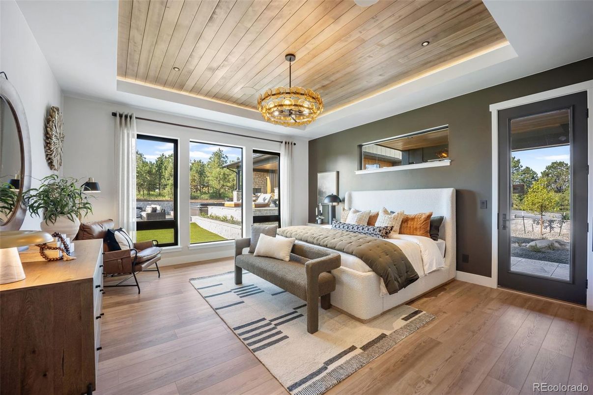 Bedroom, Chandelier, Interior, Recessed Lighting, Wooden Ceilings, Wood Texture Flooring
