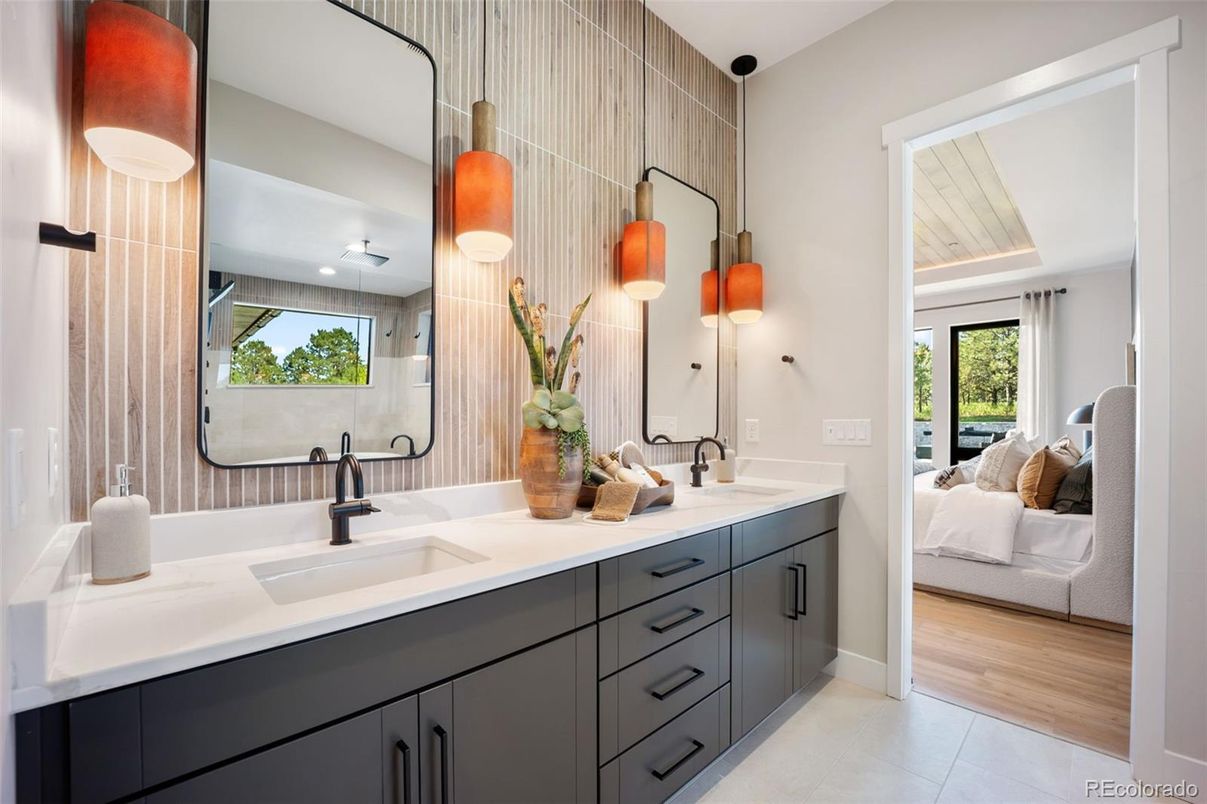 Bathroom, Bedroom, Dual Sink Vanities, Interior, Pendant Lights, Recessed Lighting, Wood Texture Flooring