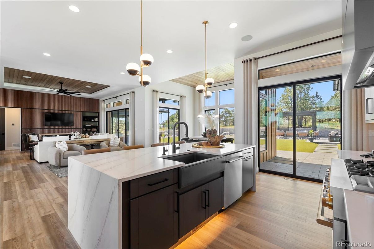 Interior, Kitchen, Living room, Pendant Lights, Recessed Lighting, Wooden Ceilings, Wood Texture Flooring