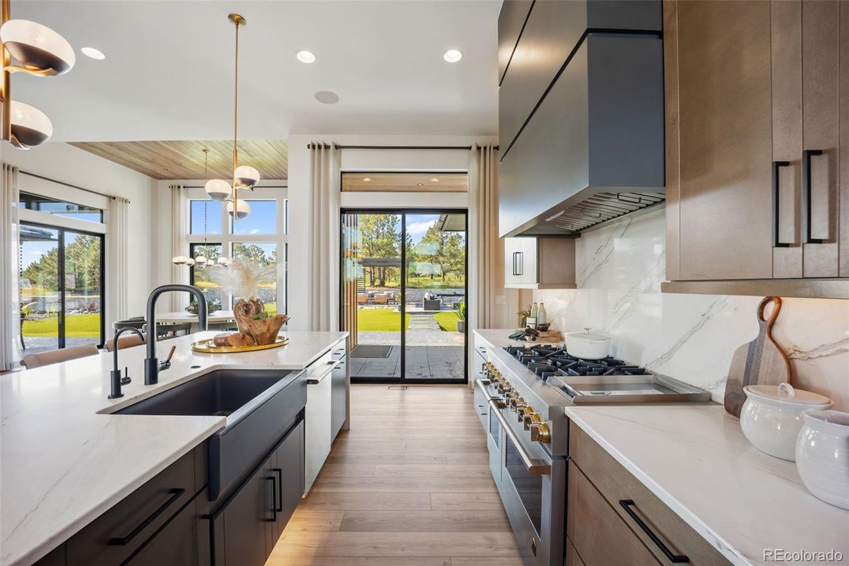 Interior, Kitchen, Pendant Lights, Recessed Lighting, Stainless Steel Appliances, Wooden Ceilings, Wood Texture Flooring