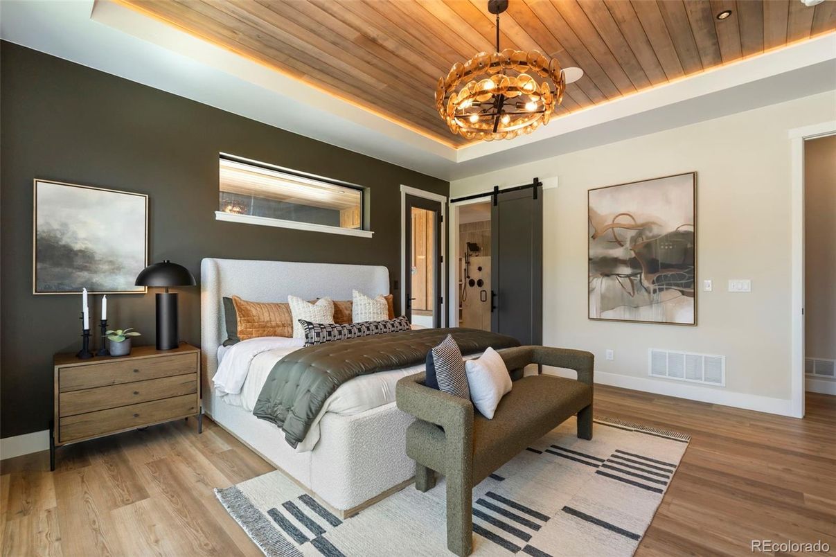 Bedroom, Interior, Pendant Lights, Wooden Ceilings, Wood Texture Flooring