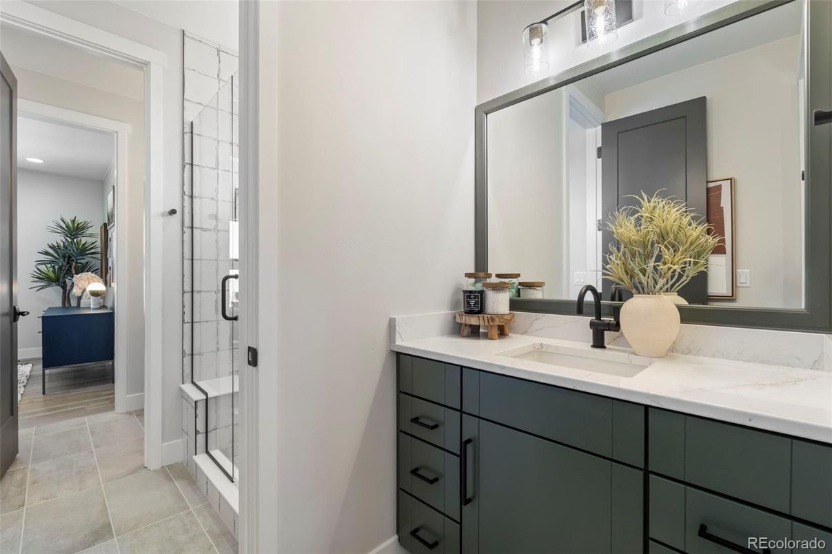 Bathroom, Glass Shower, Interior, Recessed Lighting, Wood Texture Flooring