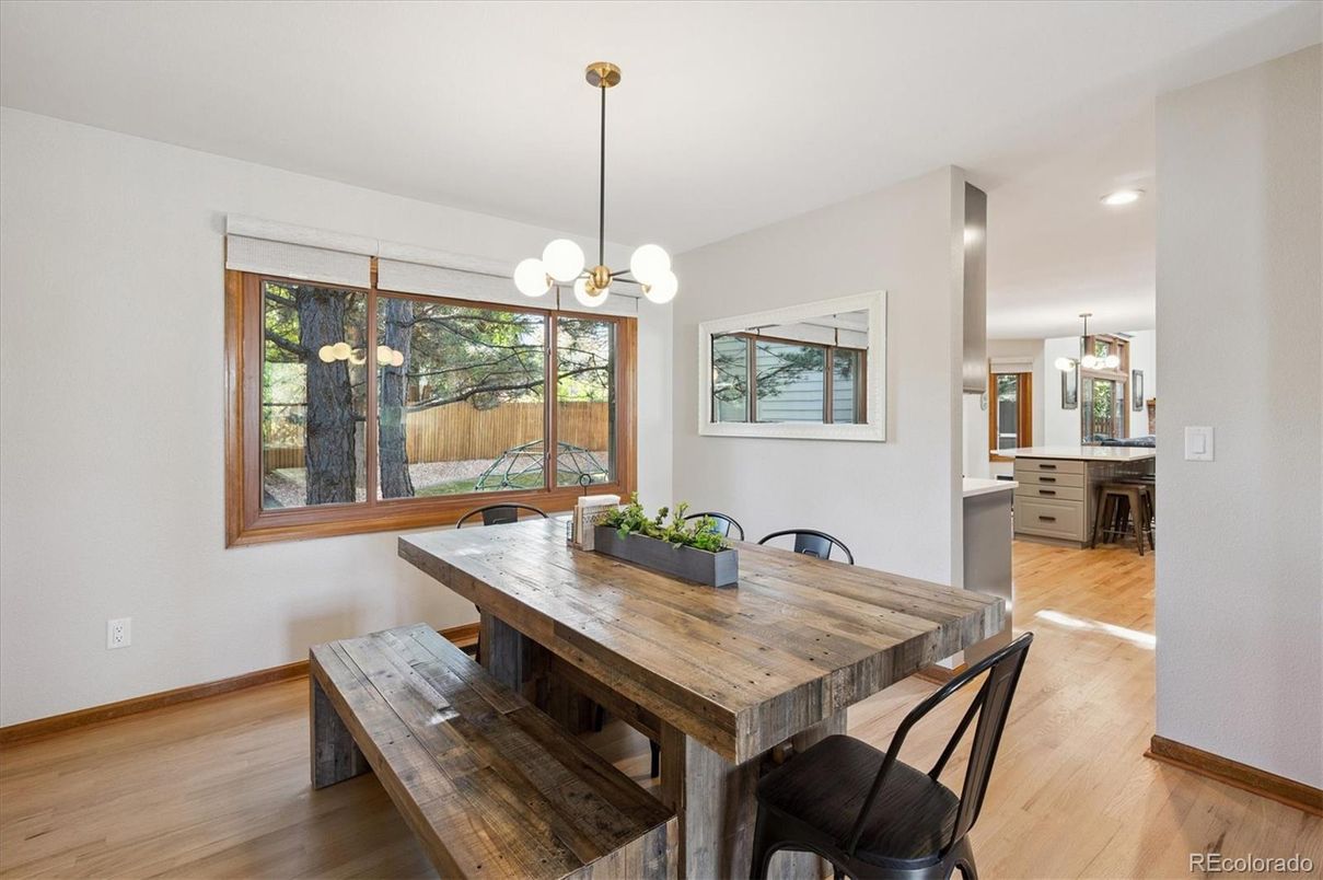 Dining room, Interior, Pendant Lights, Recessed Lighting, Wood Texture Flooring