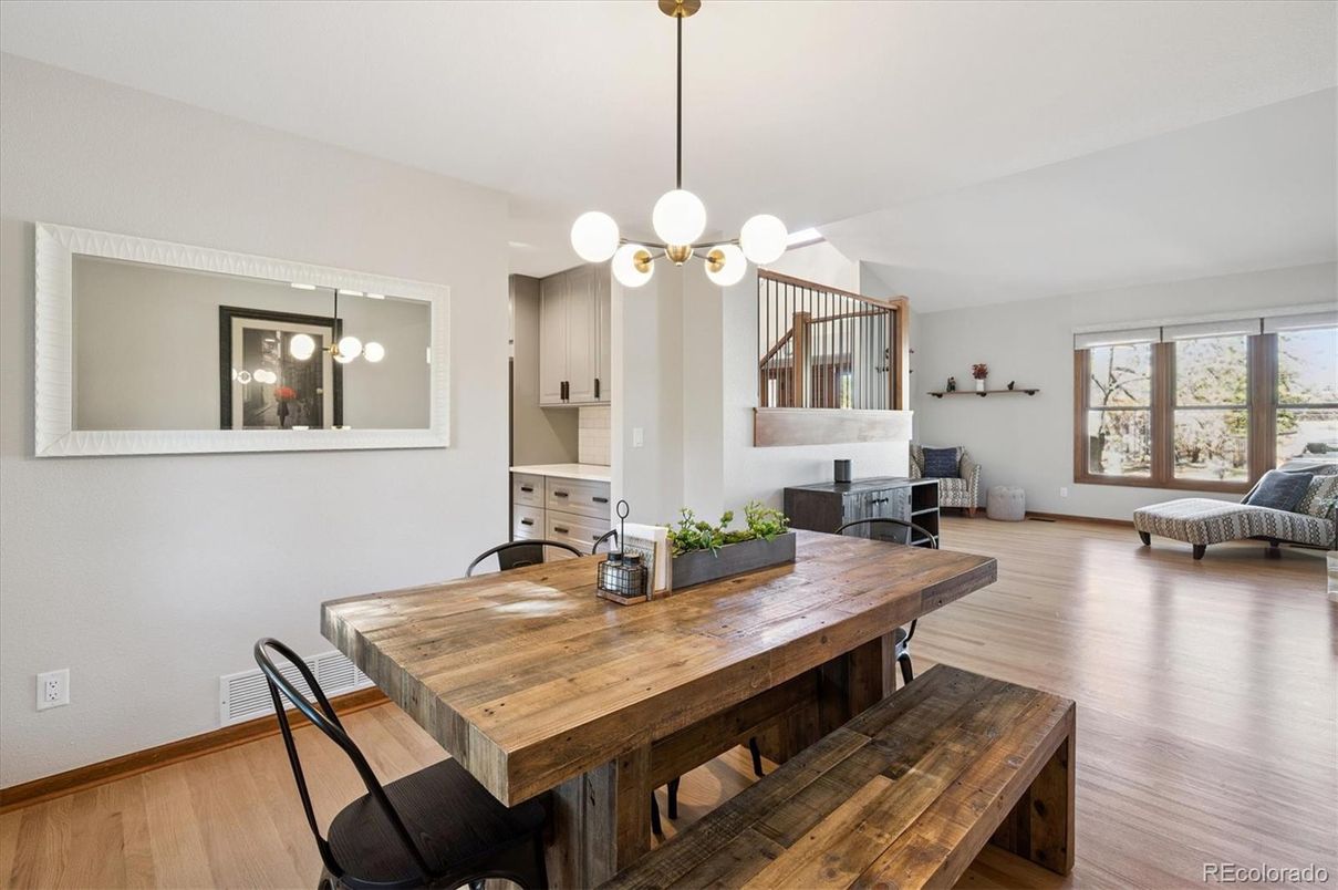Dining room, Interior, Pendant Lights, Wood Texture Flooring