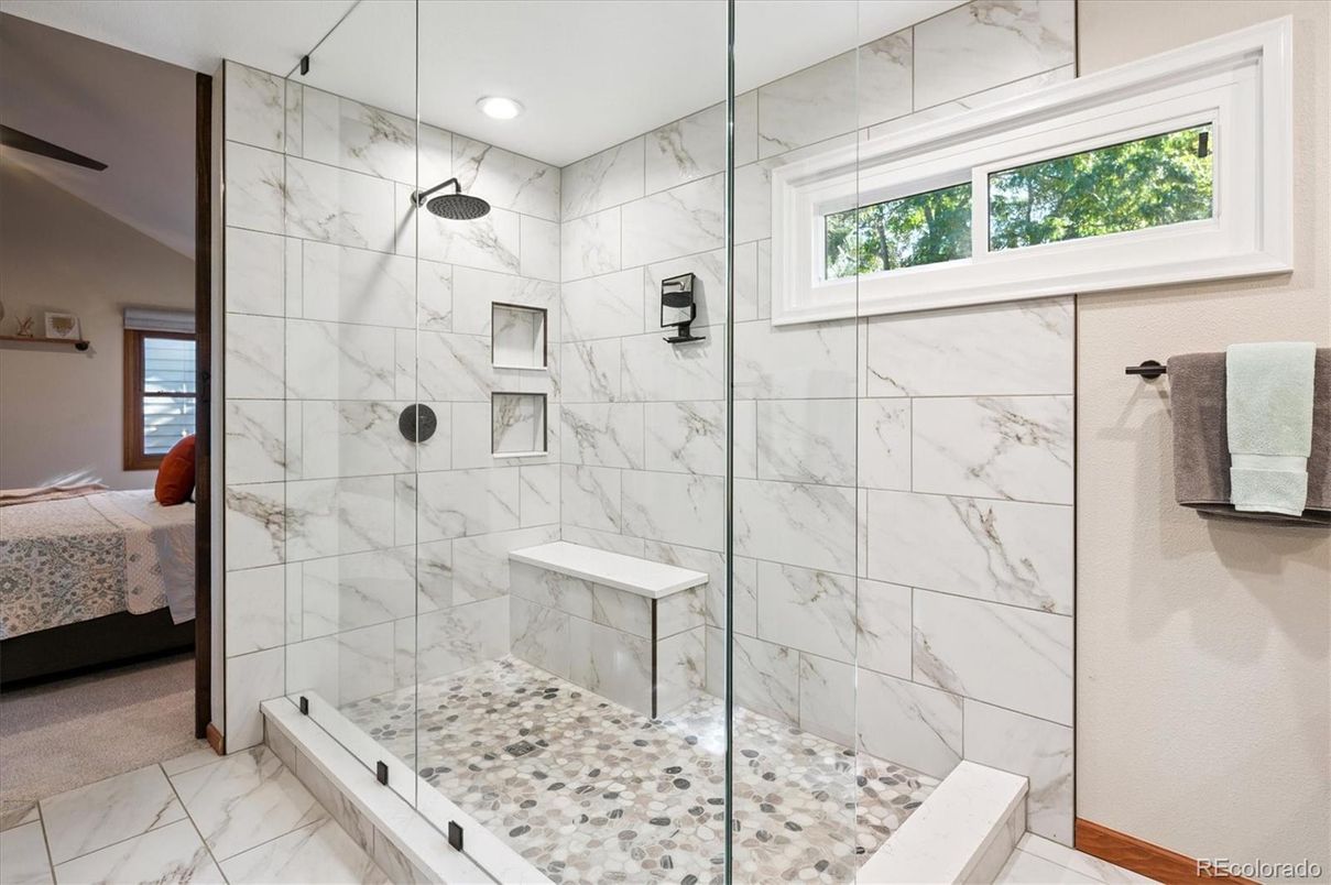Bathroom, Bedroom, Glass Shower, Interior, Marble, Marble Walls, Recessed Lighting