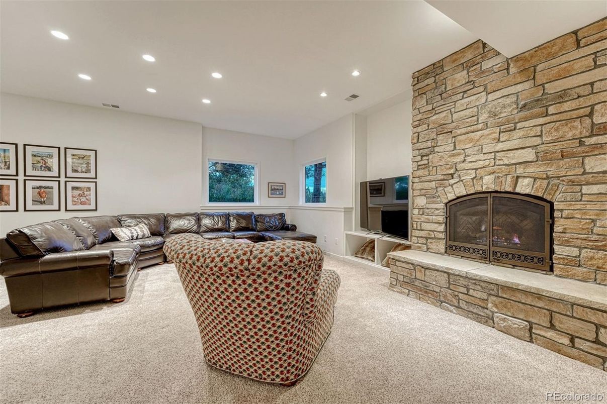 Fireplace, Interior, Living room, Recessed Lighting, Stone Walls