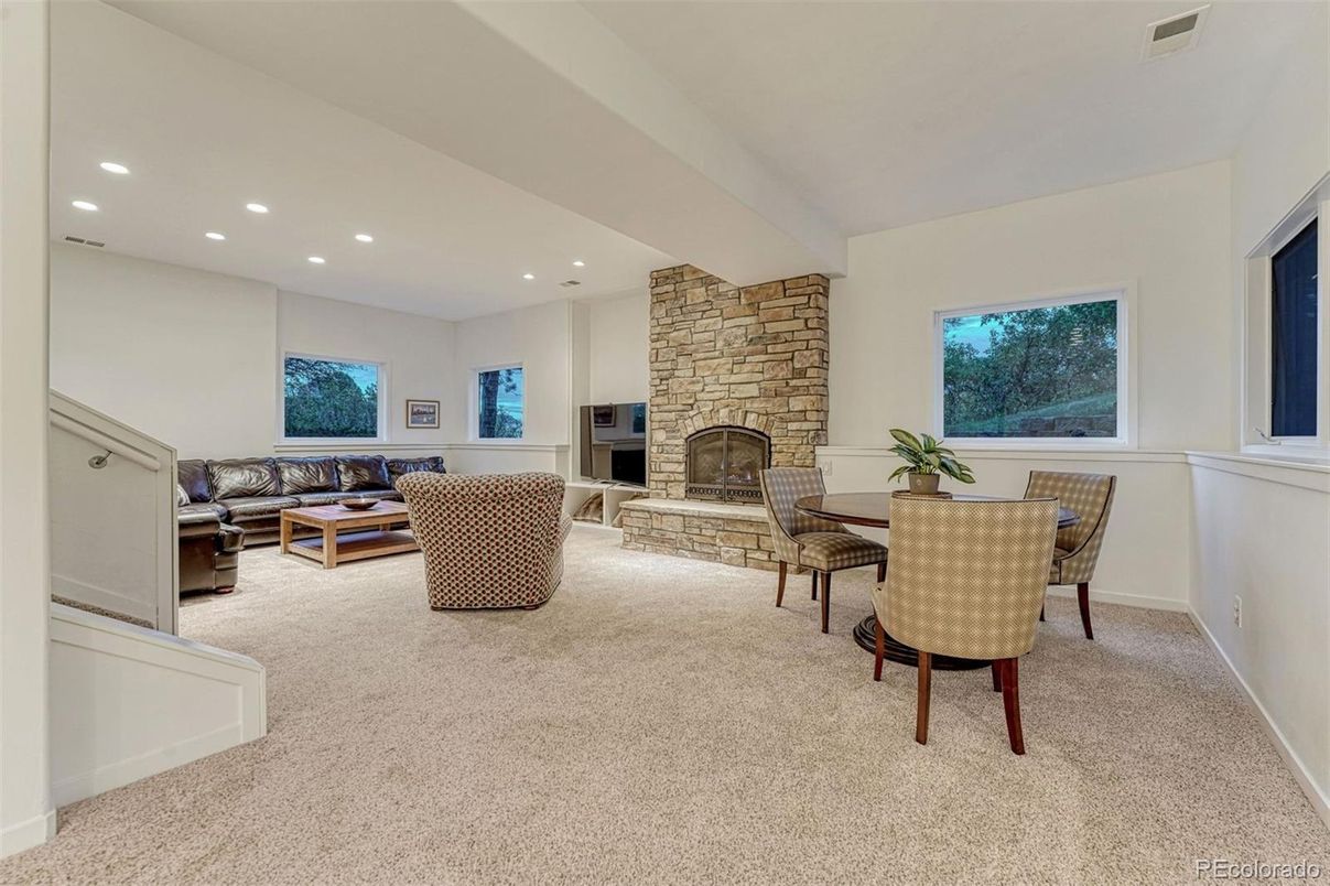 Dining room, Fireplace, Interior, Living room, Recessed Lighting, Stone Walls