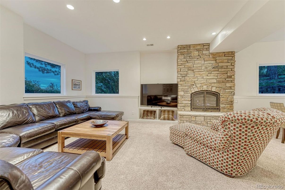 Fireplace, Interior, Living room, Recessed Lighting, Stone Walls
