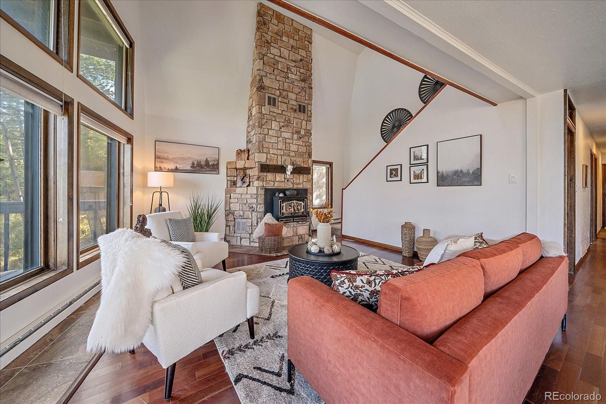 Fireplace, Interior, Living room, Stone Walls, Wood Texture Flooring