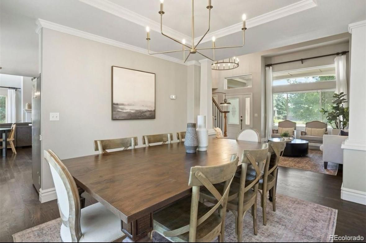 Dining room, Interior, Living room, Pendant Lights, Wood Texture Flooring