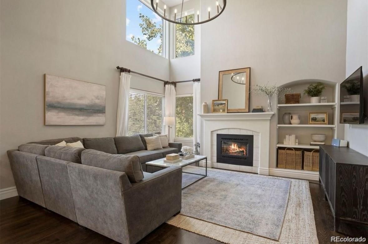 Fireplace, Interior, Living room, Pendant Lights, Wood Texture Flooring