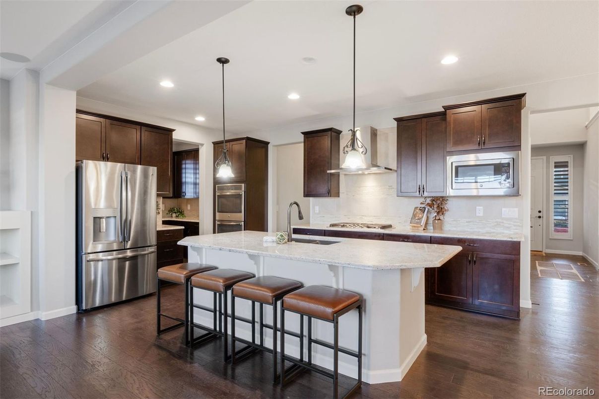 Interior, Kitchen, Pendant Lights, Recessed Lighting, Stainless Steel Appliances, Wood Texture Flooring