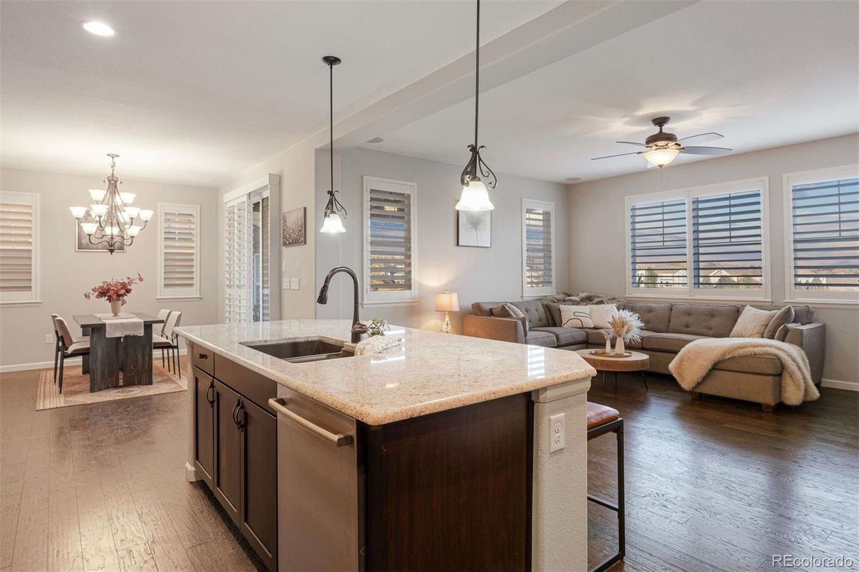 Chandelier, Dining room, Interior, Kitchen, Living room, Pendant Lights, Recessed Lighting, Wood Texture Flooring