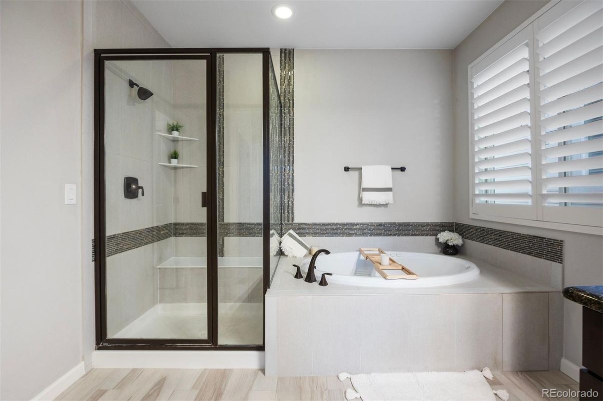Bathroom, Glass Shower, Interior, Recessed Lighting, Wood Texture Flooring