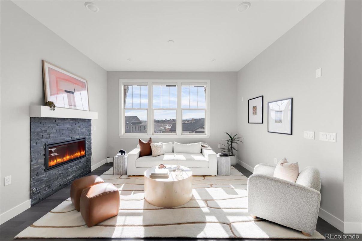 Fireplace, Interior, Living room, Recessed Lighting, Wood Texture Flooring