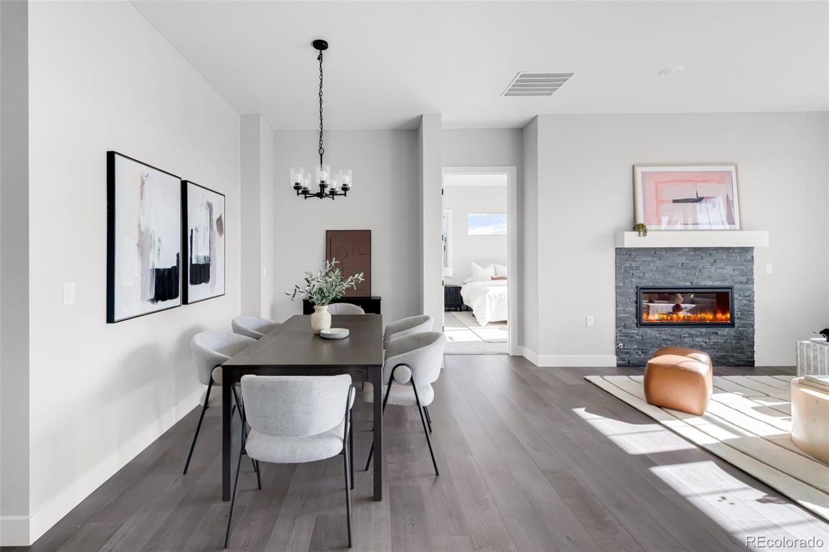 Chandelier, Dining room, Fireplace, Interior, Pendant Lights, Wood Texture Flooring