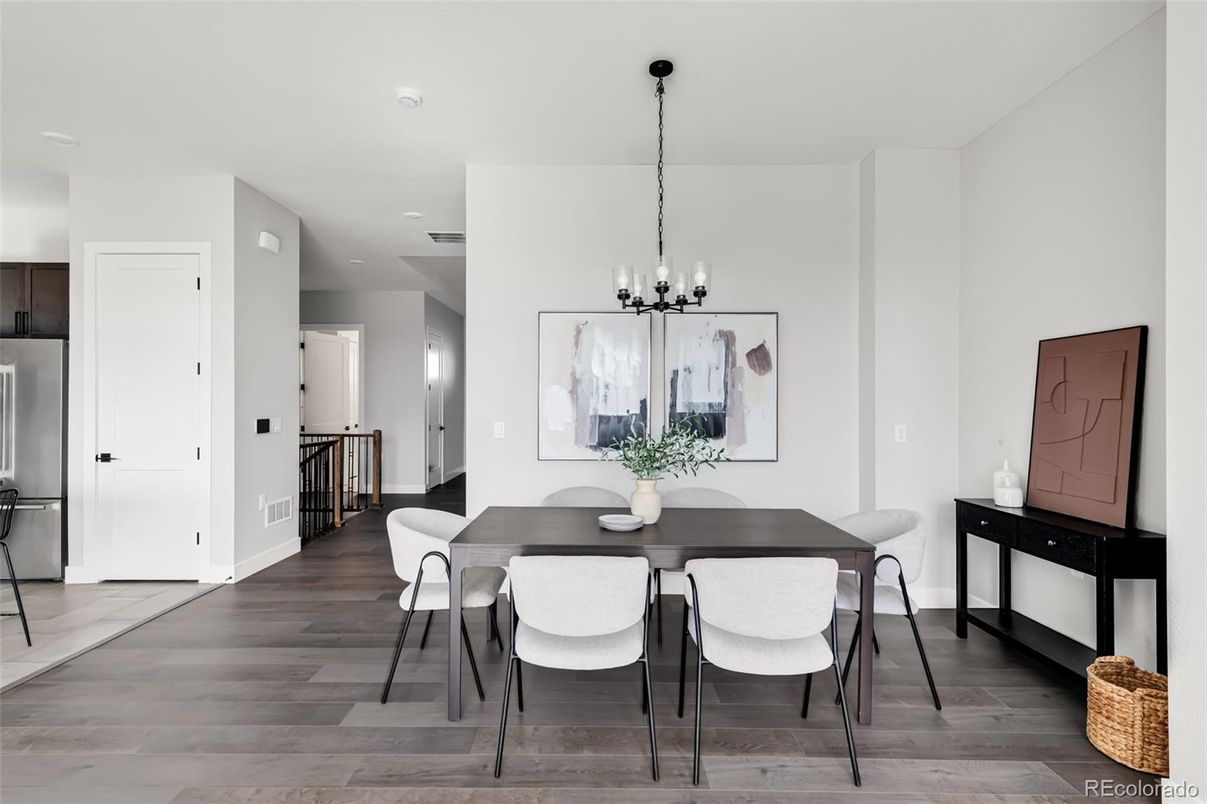 Dining room, Interior, Pendant Lights, Recessed Lighting, Wood Texture Flooring