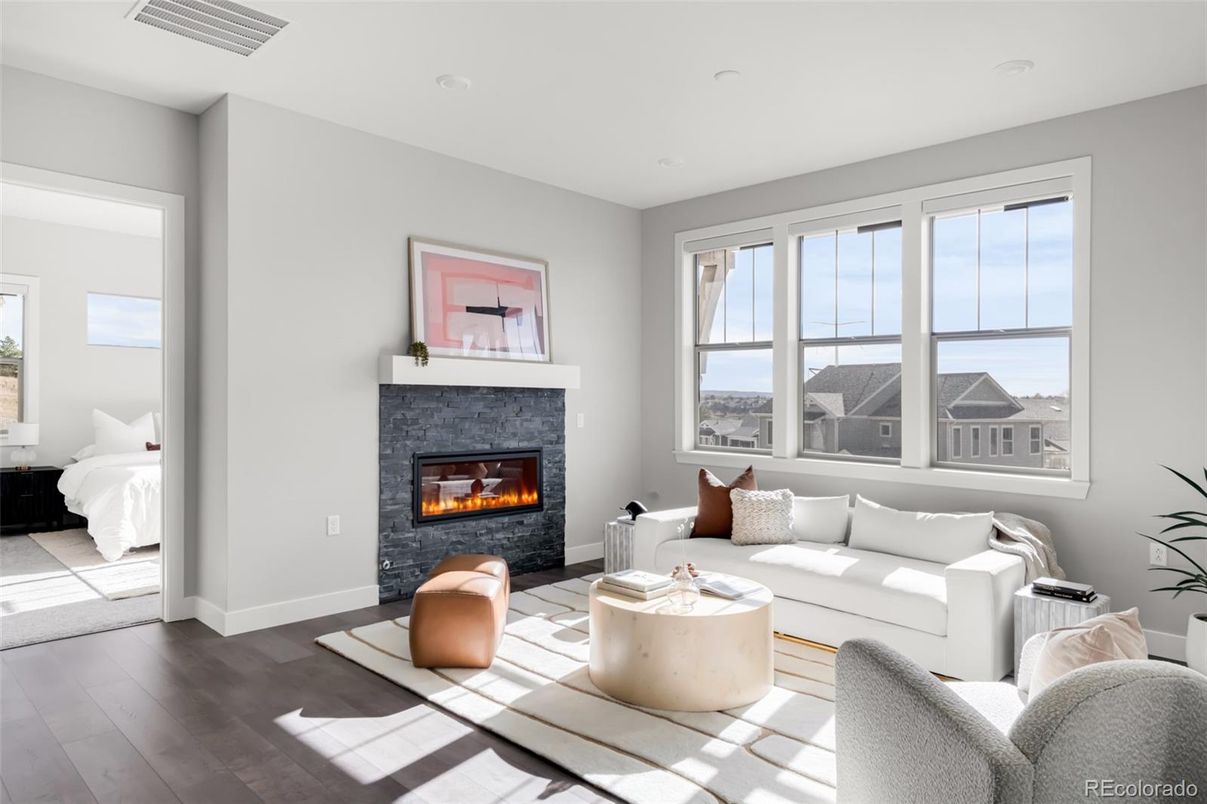 Bedroom, Fireplace, Interior, Living room, Recessed Lighting, Wood Texture Flooring