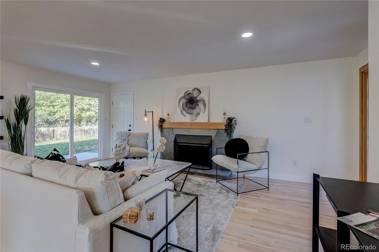 Fireplace, Interior, Living room, Recessed Lighting, Wood Texture Flooring