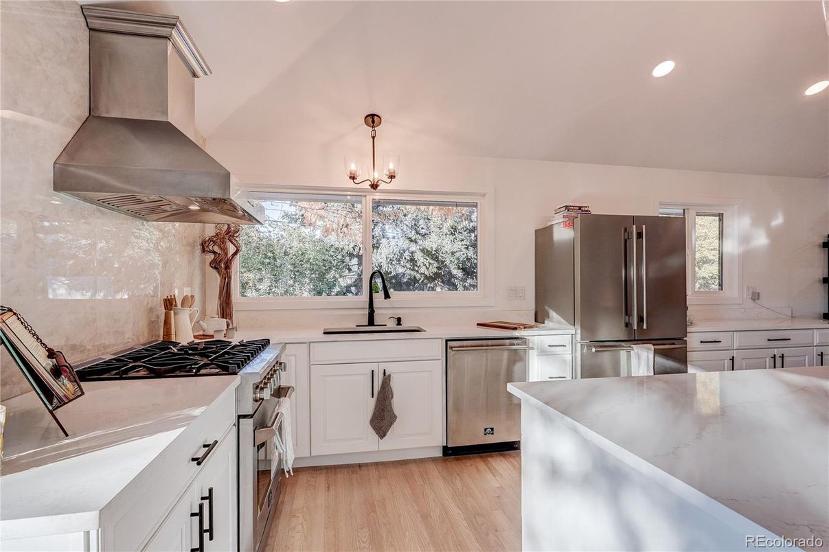 Interior, Kitchen, Pendant Lights, Recessed Lighting, Stainless Steel Appliances, Wood Texture Flooring