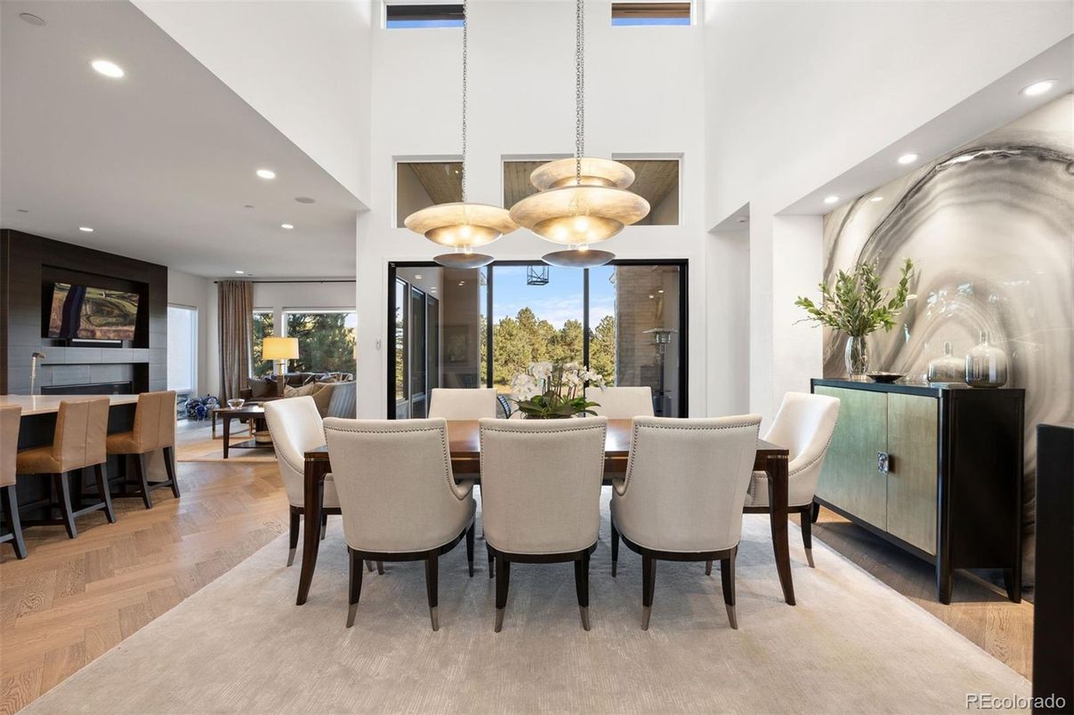 Dining room, Interior, Pendant Lights, Recessed Lighting, Wood Texture Flooring