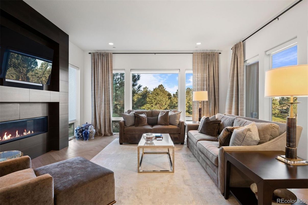 Fireplace, Interior, Living room, Recessed Lighting, Wood Texture Flooring