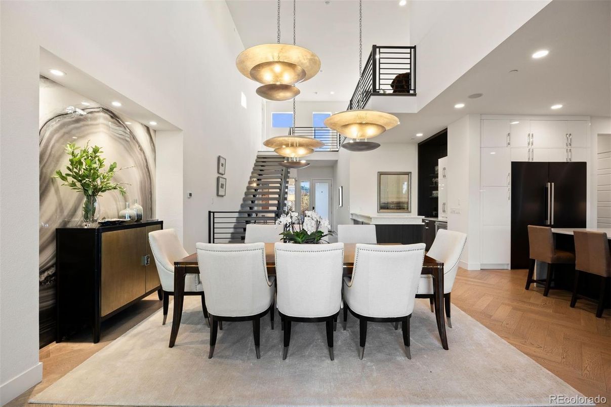 Dining room, Interior, Pendant Lights, Recessed Lighting, Wood Texture Flooring