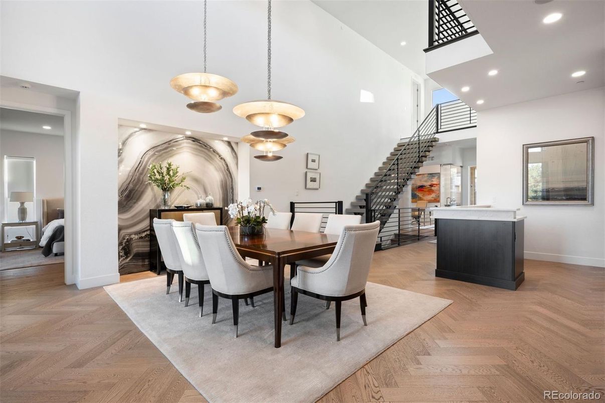 Dining room, Interior, Pendant Lights, Recessed Lighting, Wood Texture Flooring