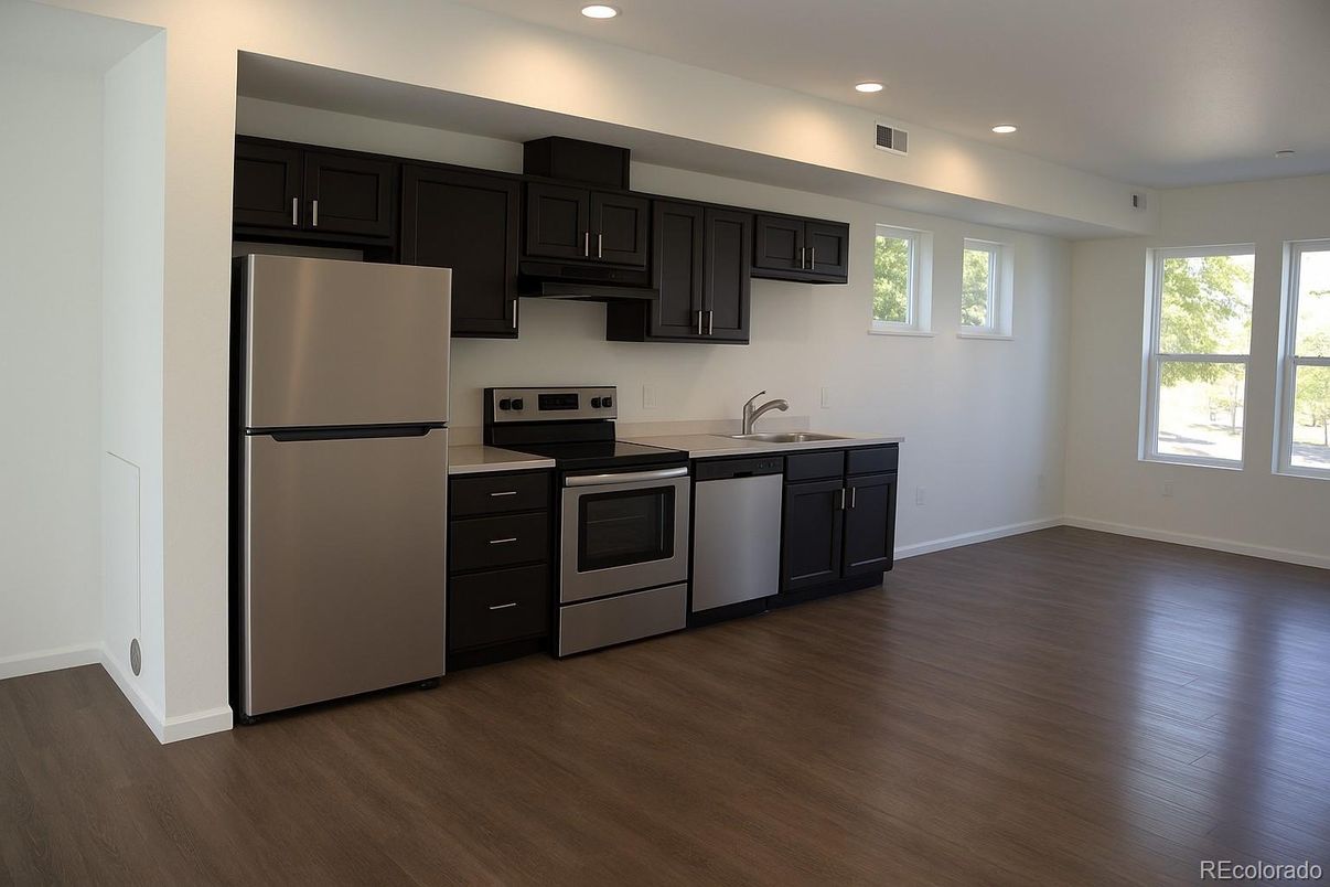 Interior, Kitchen, Recessed Lighting, Stainless Steel Appliances, Wood Texture Flooring