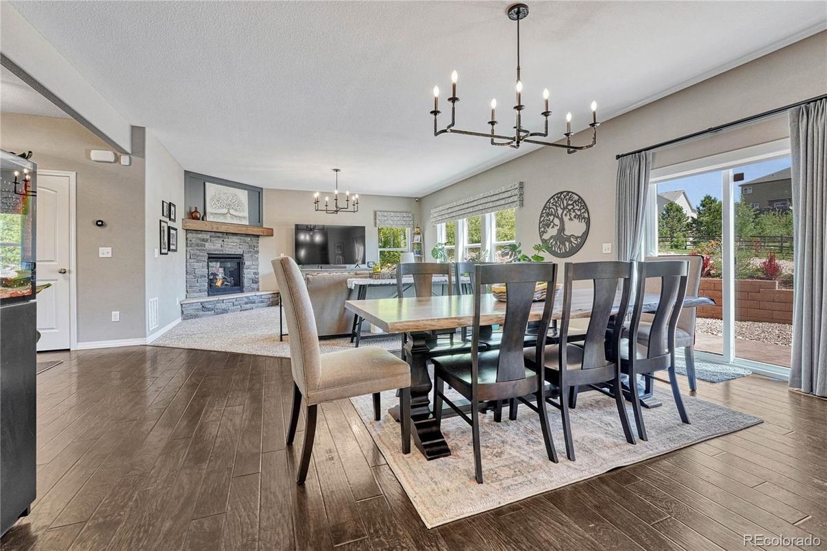 Chandelier, Dining room, Fireplace, Interior, Pendant Lights, Wood Texture Flooring