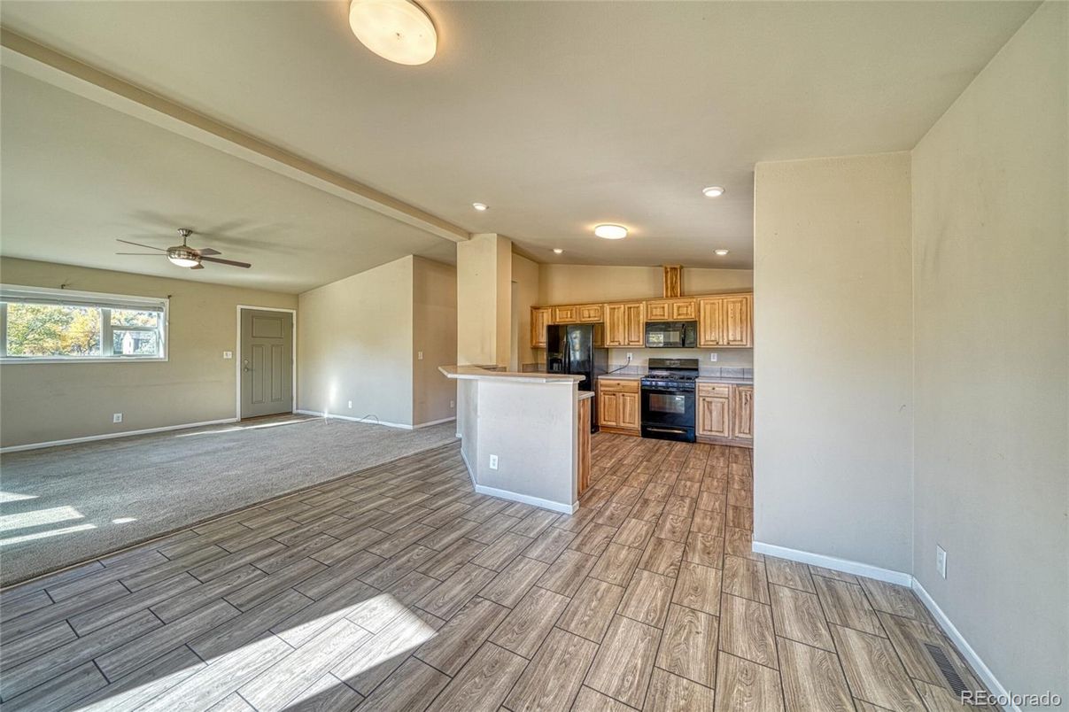 Empty room, Interior, Kitchen, Recessed Lighting, Wood Texture Flooring