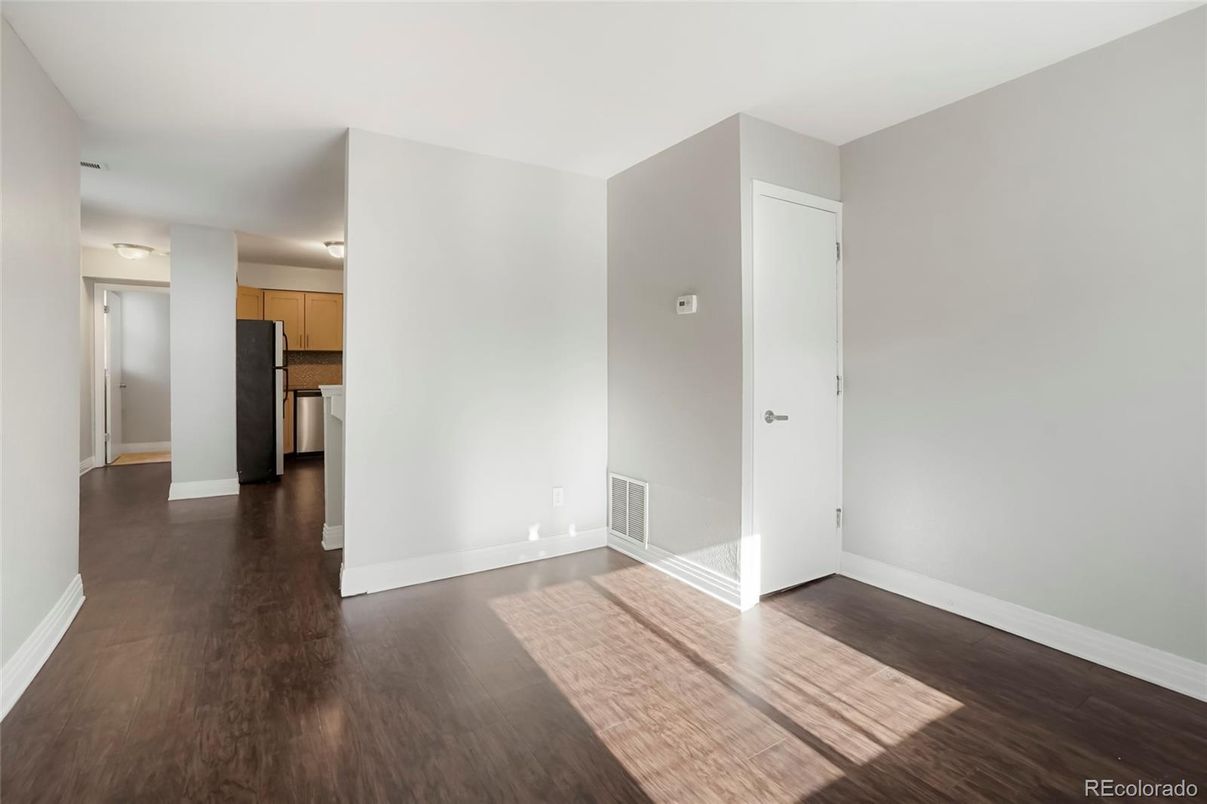 Empty room, Interior, Kitchen, Stainless Steel Appliances, Wood Texture Flooring