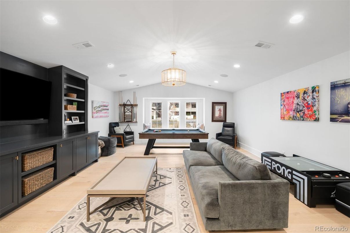 Billiard Table, Game Room, Home Office, Interior, Living room, Recessed Lighting, Wood Texture Flooring