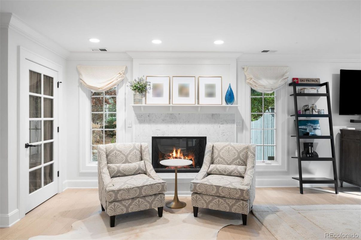 Fireplace, Interior, Living room, Recessed Lighting, Wood Texture Flooring