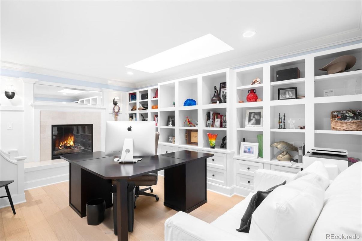 Fireplace, Home Office, Interior, Recessed Lighting, Wood Texture Flooring