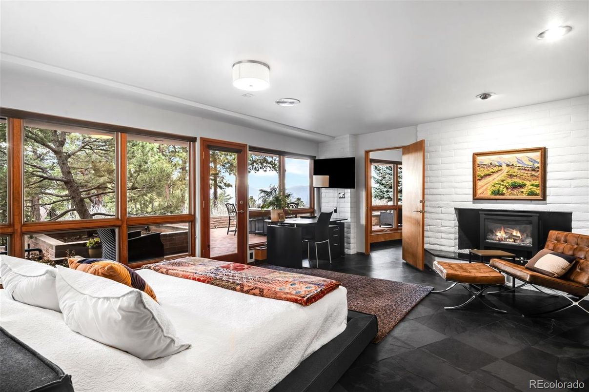 Bedroom, Fireplace, Interior, Recessed Lighting, Stone Walls