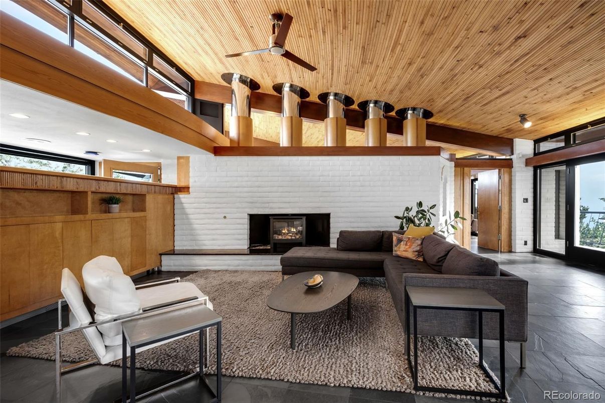 Fireplace, Interior, Living room, Recessed Lighting, Wooden Ceilings, Wood Texture Flooring
