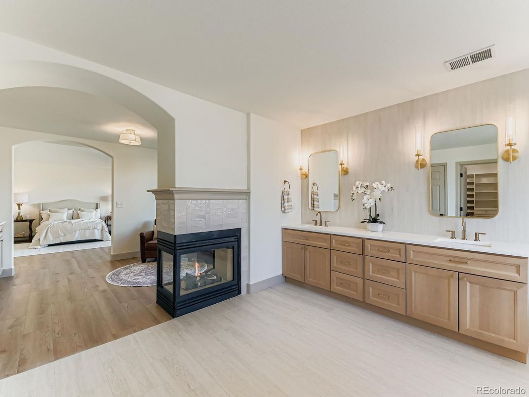 Bedroom, Fireplace, Interior, Wood Texture Flooring