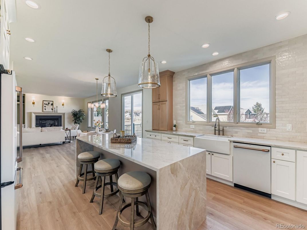 Fireplace, Interior, Kitchen, Pendant Lights, Recessed Lighting, Wood Texture Flooring