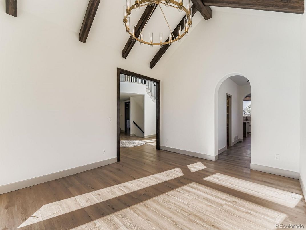 Empty room, Interior, Pendant Lights, Wooden Beams, Wood Texture Flooring