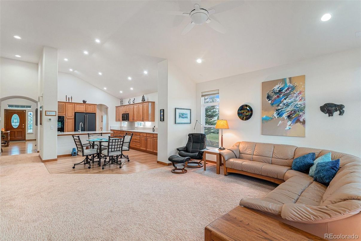 Dining room, Interior, Kitchen, Living room, Recessed Lighting, Wood Texture Flooring
